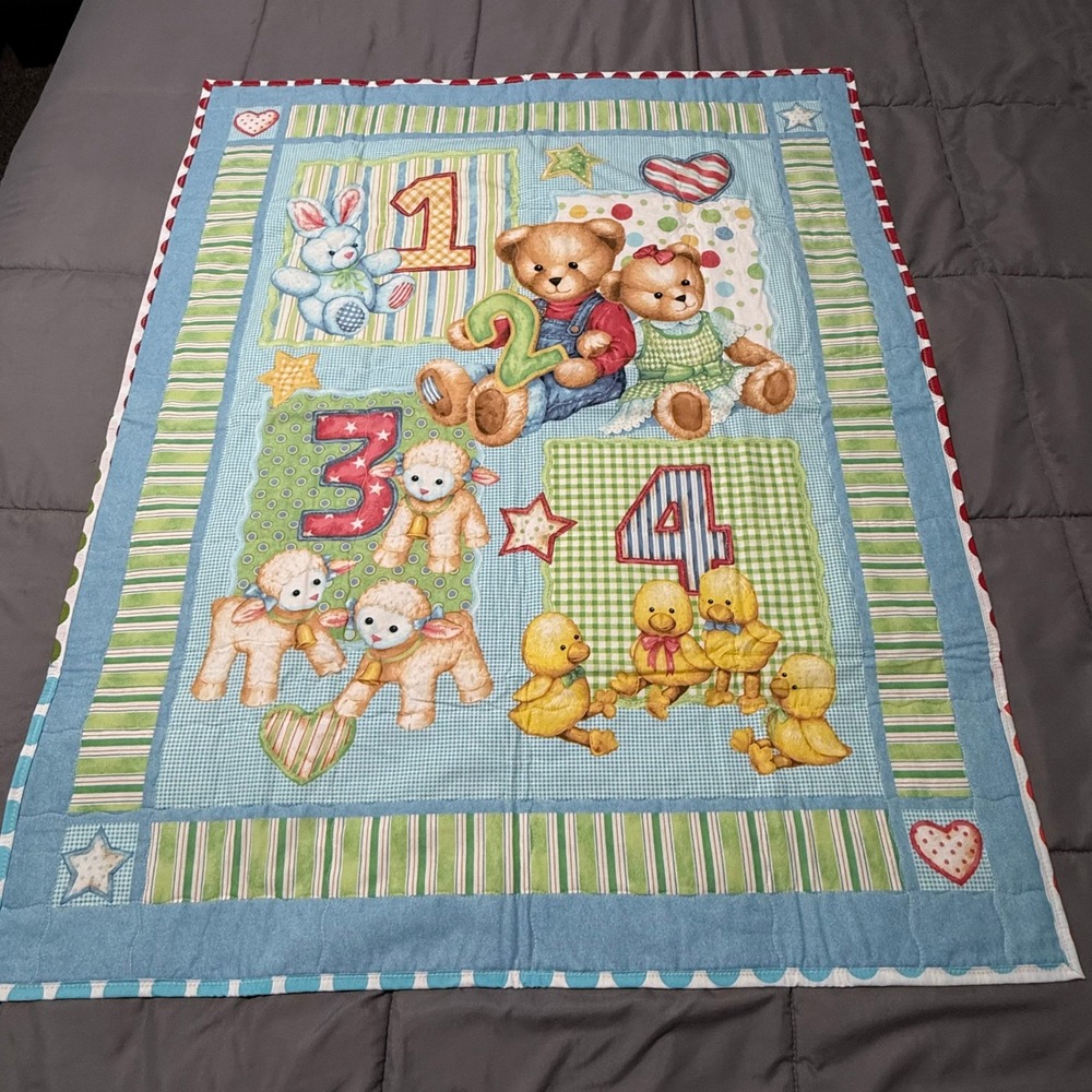 Vintage Daisy Kingdom Blue Jean Teddy Handmade Baby Quilt Nursery Blanket 34x42